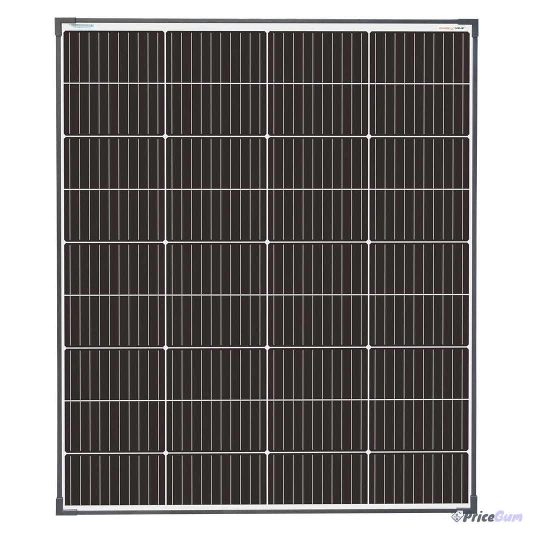 Front view of a 150W monocrystalline solar panel showing cell grid