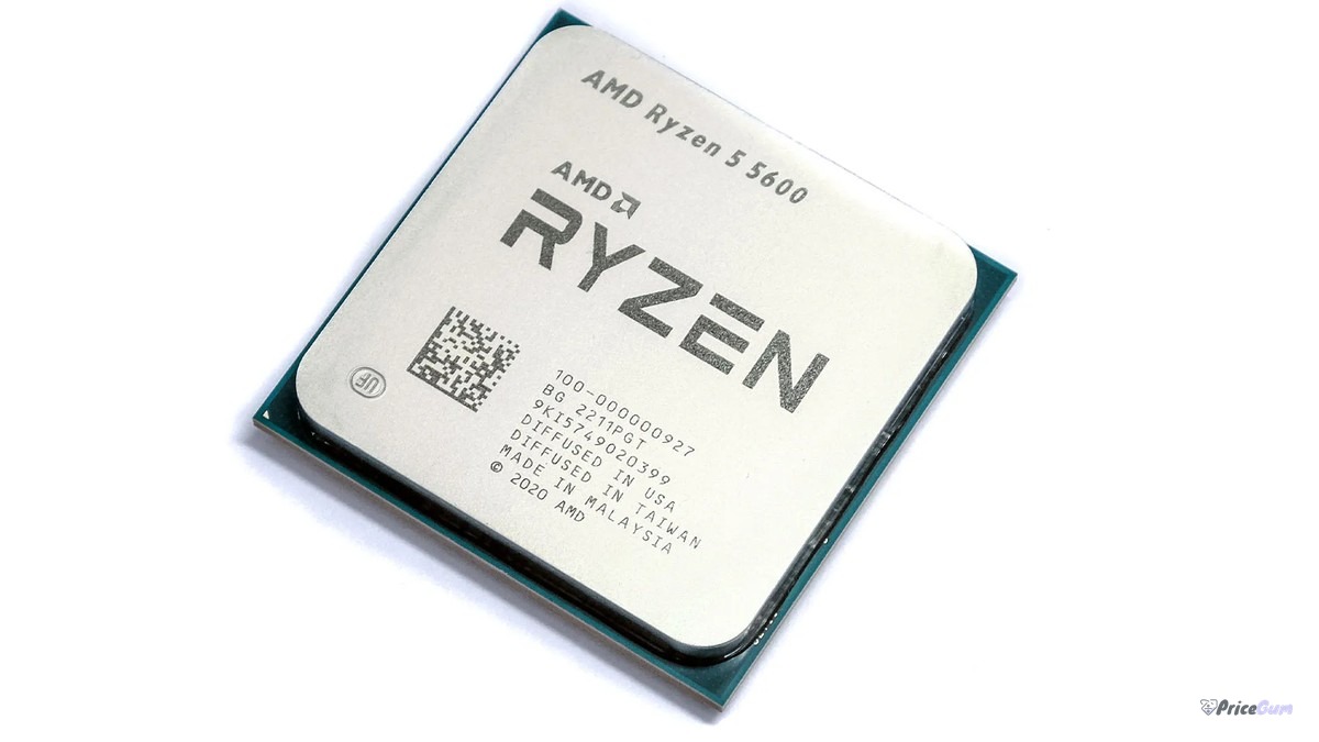 AMD Ryzen 5 5600 processor close up showing the metal heat spreader