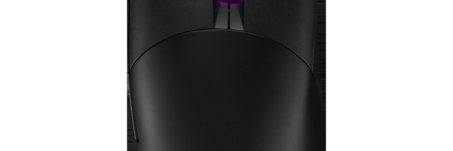 ASUS ROG Keris wired gaming mouse, top view with RGB scroll wheel and glowing ROG logo