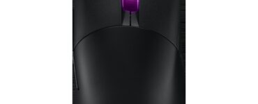 ASUS ROG Keris wired gaming mouse, top view with RGB scroll wheel and glowing ROG logo