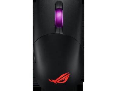 ASUS ROG Keris wired gaming mouse, top view with RGB scroll wheel and glowing ROG logo