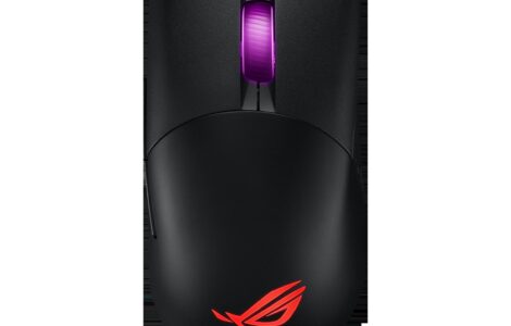 ASUS ROG Keris wired gaming mouse, top view with RGB scroll wheel and glowing ROG logo