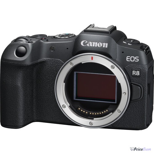 Canon EOS R8 mirrorless camera body, front view showing RF mount