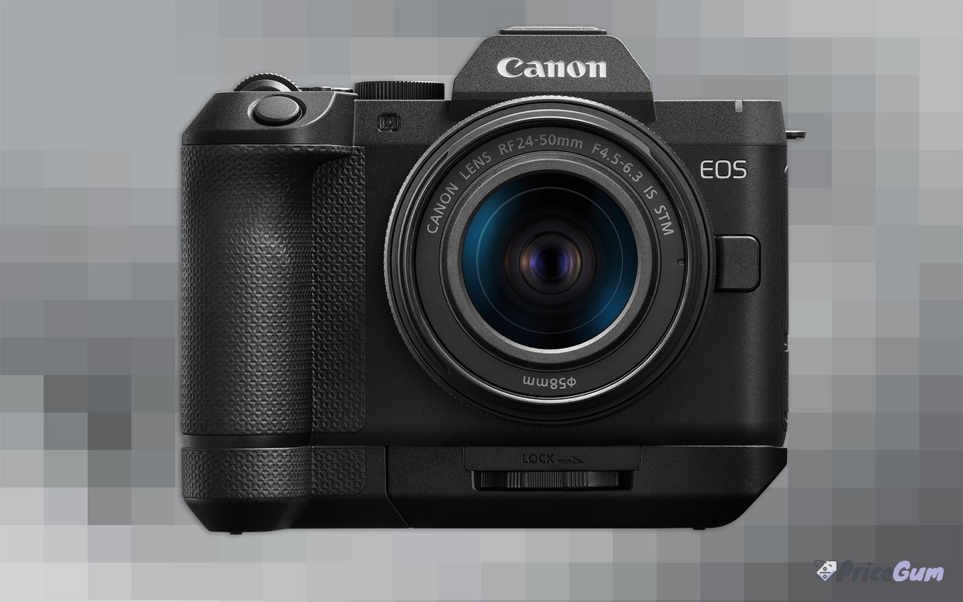 Canon EOS R8 Mark II front view with RF 24-50mm kit lens and extension grip
