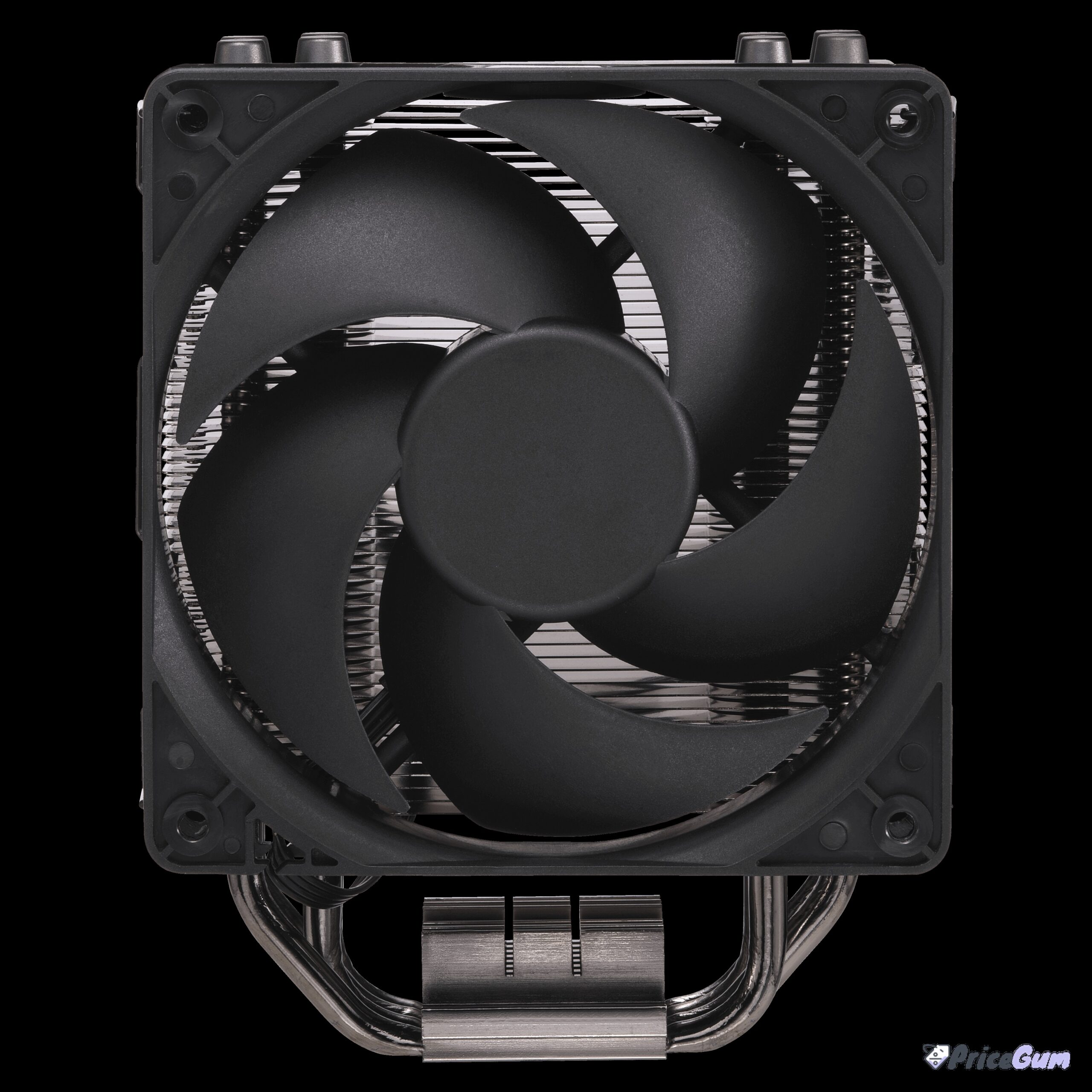 Cooler Master Hyper 212 Black Edition 120mm fan front view with heat pipes