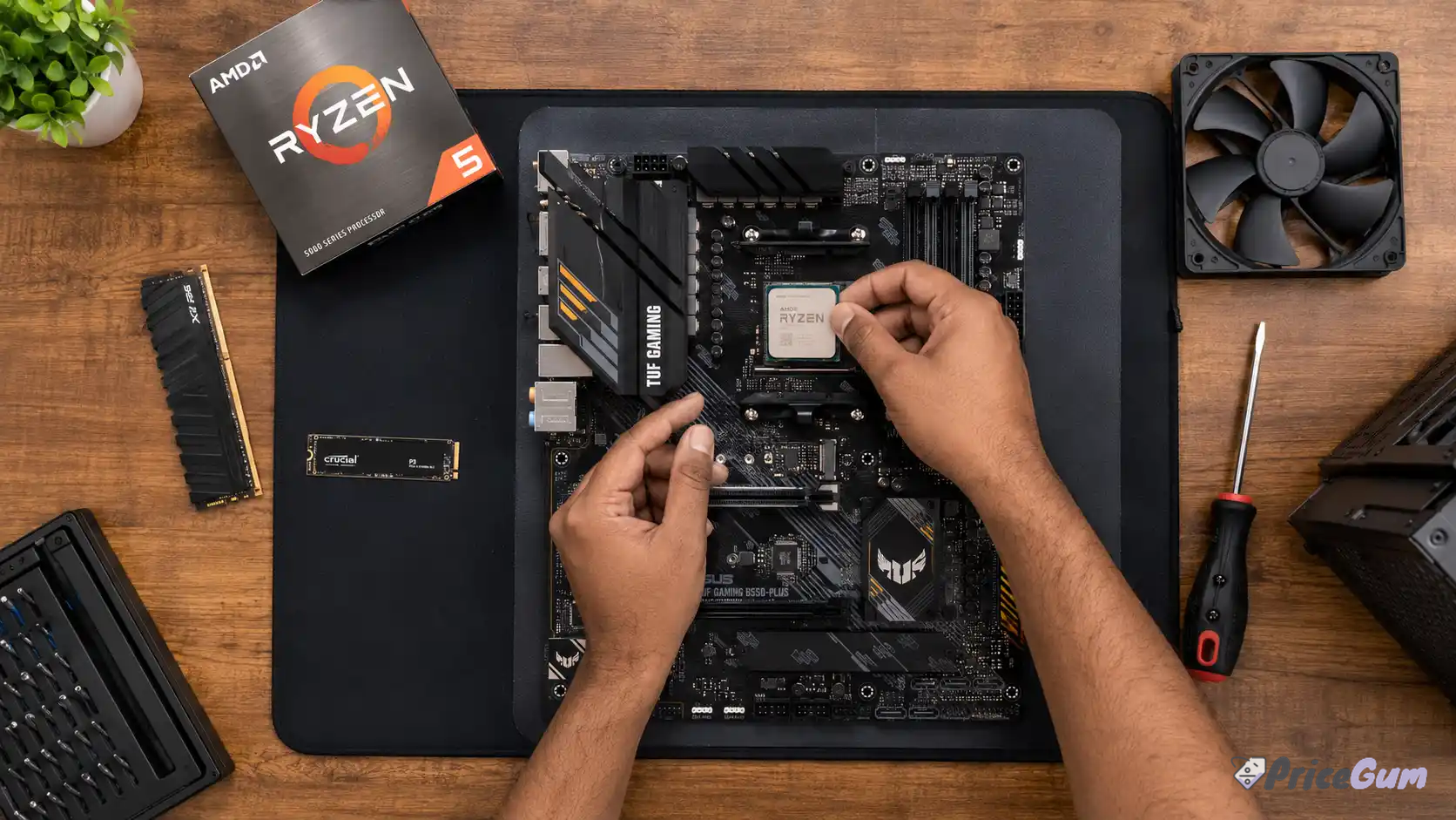 Installing a Ryzen 5 processor into a B550 motherboard during a PC build