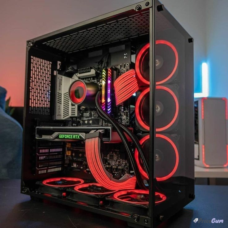 Mid-tower gaming PC build with RGB fans and tempered glass side panel