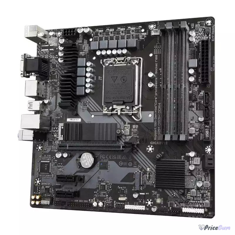 Gigabyte B760M DS3H DDR4 top view showing VRM heatsinks and four DDR4 slots