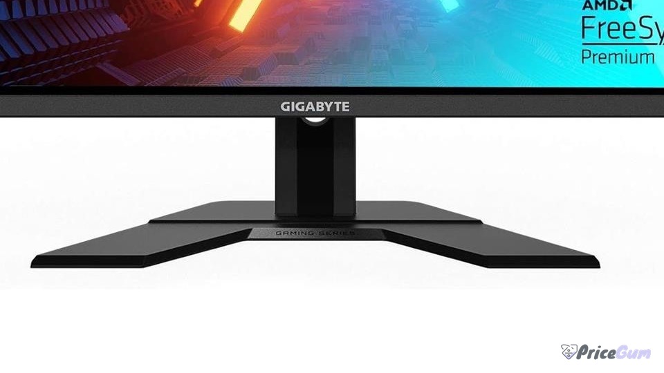 Gigabyte G27Q stand and base detail with FreeSync Premium badge