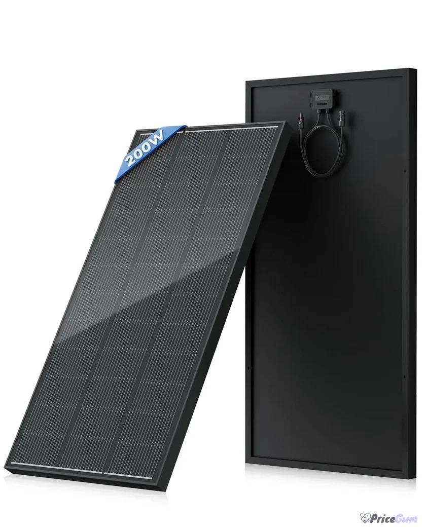 Full black 200W monocrystalline solar panel shown from front and back