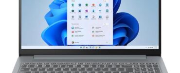Lenovo IdeaPad Slim 3 15.6 inch laptop in Arctic Grey, front view with Windows 11 screen