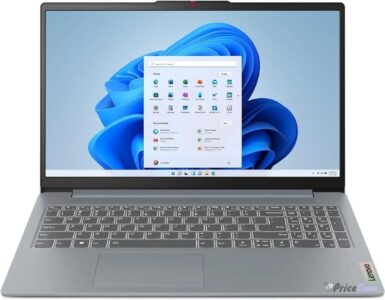 Lenovo IdeaPad Slim 3 15.6 inch laptop in Arctic Grey, front view with Windows 11 screen
