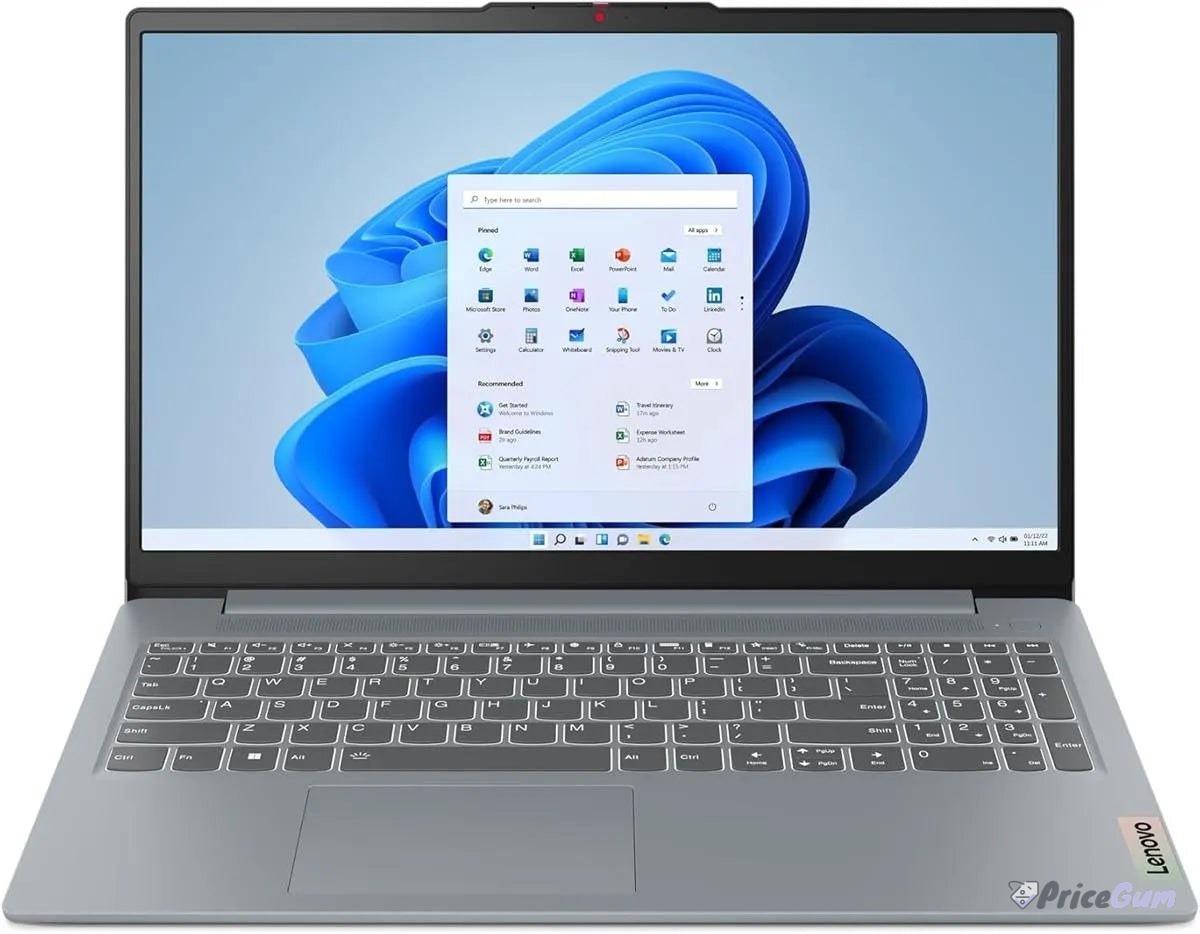 Lenovo IdeaPad Slim 3 15.6 inch laptop in Arctic Grey, front view with Windows 11 screen
