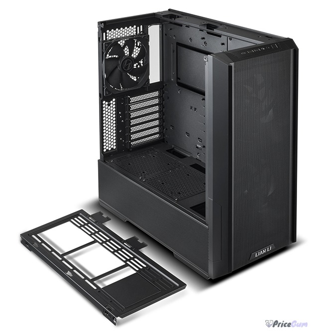 Lian Li Lancool 216 interior showing removable top radiator bracket and rear fan