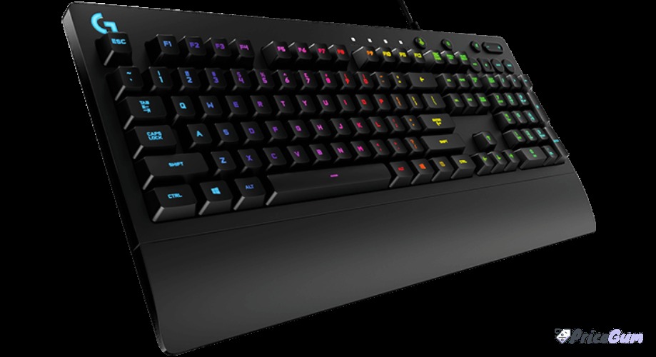 Logitech G213 Prodigy angled view with integrated palm rest and media controls