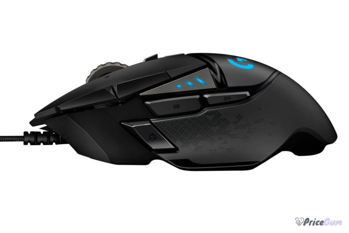 Logitech G502 HERO side view with buttons and scroll wheel for gaming grip