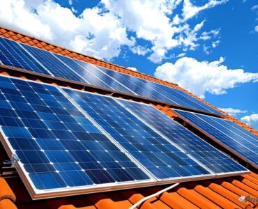 Solar panels installed on a rooftop under bright blue sky in Multan