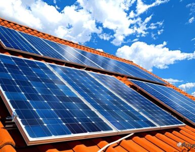 Solar panels installed on a rooftop under bright blue sky in Multan