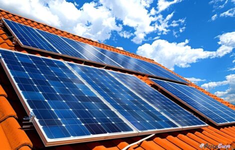 Solar panels installed on a rooftop under bright blue sky in Multan