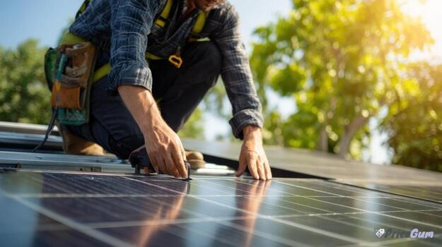 Technician installing solar panels on a rooftop in Multan