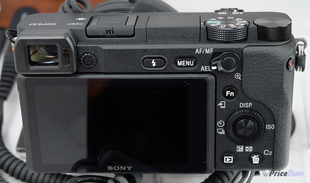 Sony A6400 mirrorless camera rear view with mode dial, EVF and controls