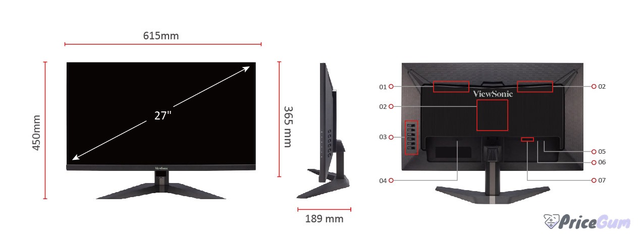 ViewSonic VX2758-2KP-MHD dimensions and rear ports layout